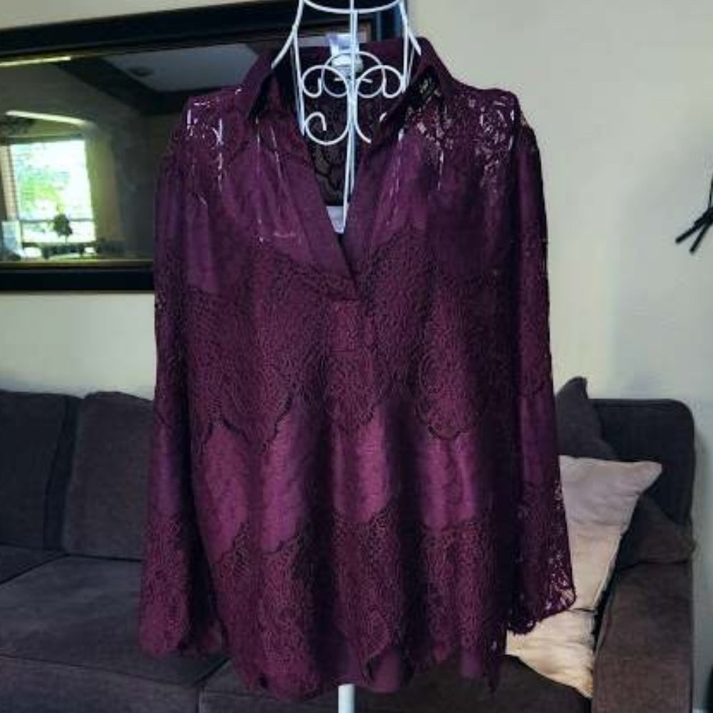 Chico's sz 3 (sz 16) burgundy / purple lace blouse - Picture 1 of 4